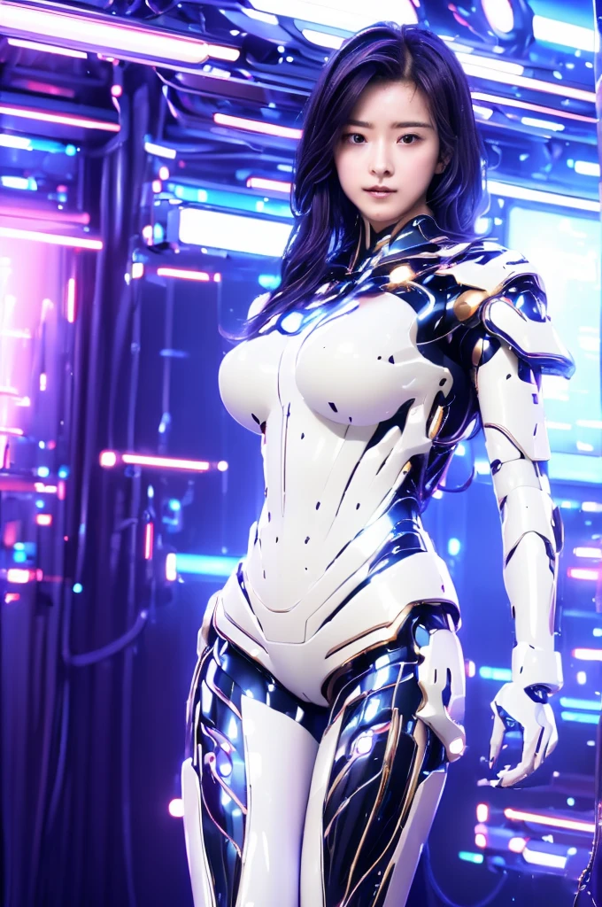 Highest quality, masterpiece, figure, (Realistic, photo-Realistic:1.37), wonderful, In detail, Incredibly absurd, Large file size, Very detailed, High resolution, Very detailed CG Unity 8k wallpaper, Very detailed目と顔, Ray Tracing, Browsing Caution, NUDE, One girl, Korean cyborg girl is innocent and young々Has a sly expression. She poses boldly with her arms raised above her head, Revealing her voluptuous figure. She is wearing a small black mecha armor top that barely covers her breasts., Exposing most of her flawless skin. Her shoulders and head have more armor detailing.、There are shining highlights, Tech Panels and Mechanisms. She is standing against a futuristic cityscape lit up with vibrant neon lights.、Standing full of energy。.