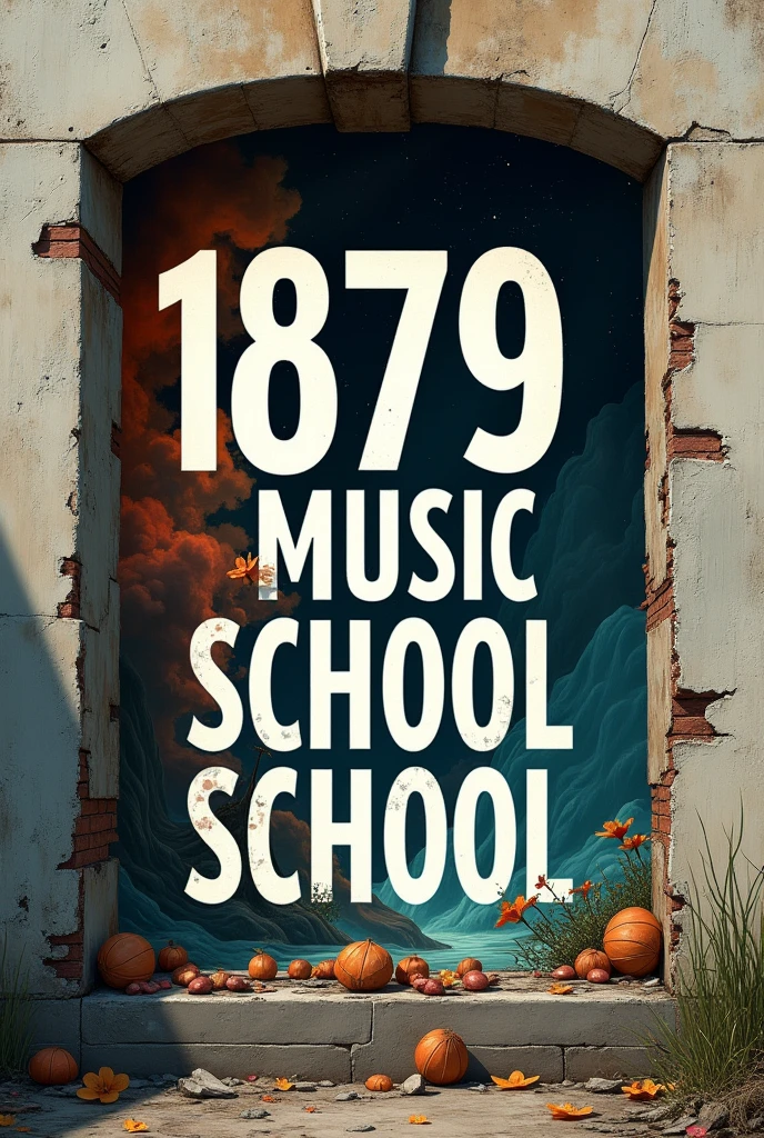 Posters stuck to abandoned outer walls, Cut out by font shape, (texts:"1879 Music school") word, Big and bold, Draw a picture inside the cut out part, BREAK Art that inspires creators to create images, Aesthetic world unfolding behind the character, Add texts to the bottom of the screen, (texts:"Breaking the walls of creativity!")