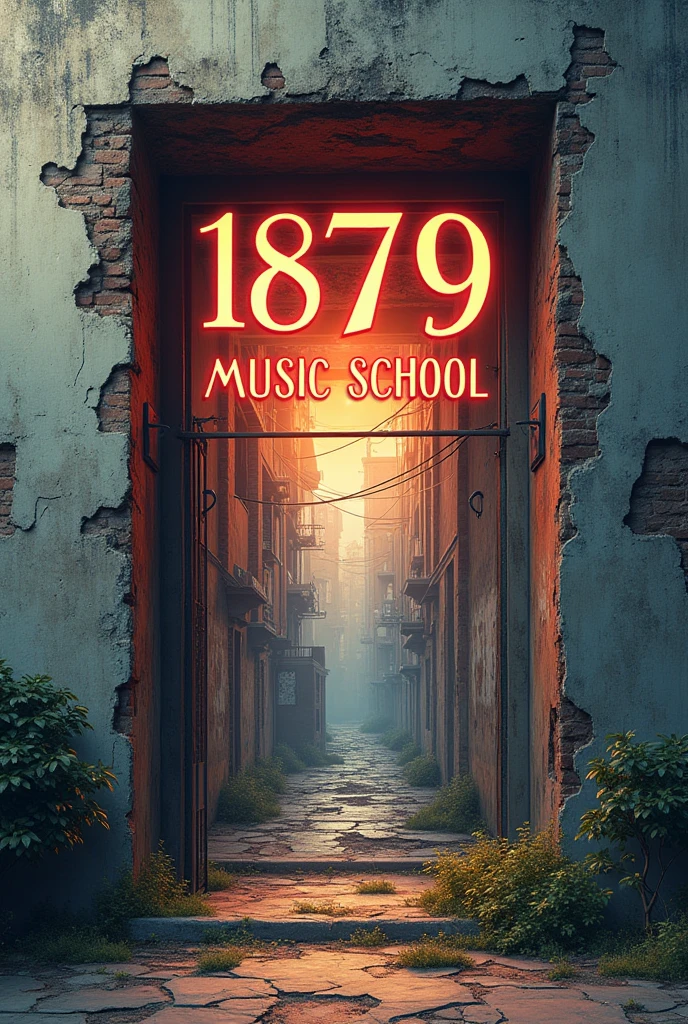Posters stuck to abandoned outer walls, Cut out by font shape, (texts:"1879 Music school") word, Big and bold, Draw a picture inside the cut out part, BREAK Art that inspires creators to create images, Aesthetic world unfolding behind the character, Add texts to the bottom of the screen, (texts:"Breaking the walls of creativity!")