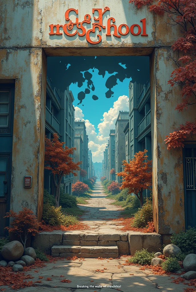 Posters stuck to abandoned outer walls, Cut out by font shape, (texts:"1879 Music school") word, Big and bold, Draw a picture inside the cut out part, BREAK Art that inspires creators to create images, Aesthetic world unfolding behind the character, Add texts to the bottom of the screen, (texts:"Breaking the walls of creativity!")