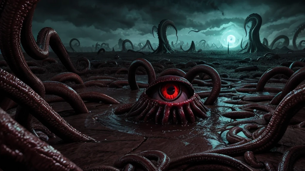 Eldritch horror landscape with writhing flesh, all seeing eyes, toothy maws, lashing tentacles