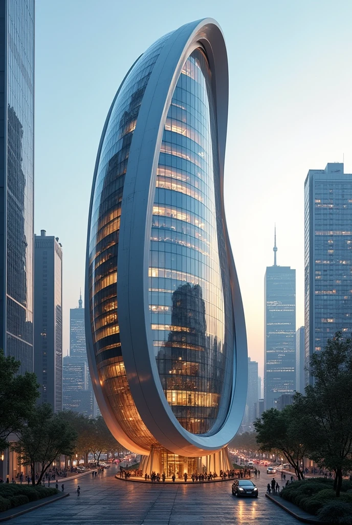 Design a distinctive building shaped like a coffee bean. Keep the coffee shape of the building with the curved line that is distinctive. The building should be tall with a sleek, modern appearance. Place the building in a cityscape with a bustling urban background