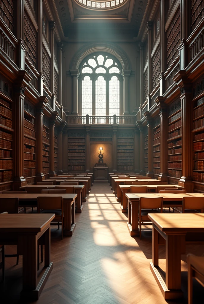 A luxurious college library room with shelves full of books, study desks and chairs, creating an empty academic and tranquil environment ..realisitic,cinematic, 8k 