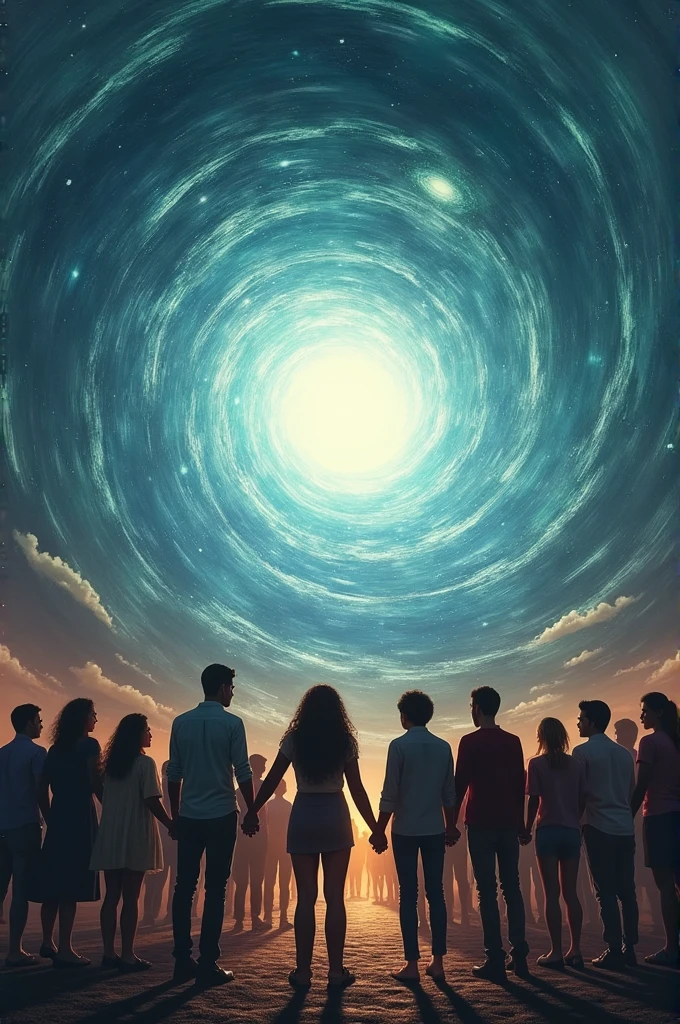 I want an image of a vortex and in front of it add people of various ethnicities holding hands..