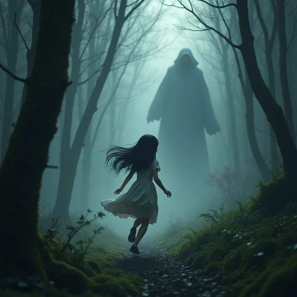 (Mysterious Fog), a beautiful young girl running through a mysterious, misty forest, The girl is facing forward and running away from a shining shadow. Her long black hair flows behind her, and a huge glowing shadow is chasing the girl. (Beautiful and cute face even in fear and panic),Fine facial features, Beautiful eyes, Soft and glowing skin, Cute apron dress, Mossy trees, (Column of light breaking through the fog), (Highest Quality, 4k, (8k), (High Resolution:1.3), (Masterpiece:1.2), (Ultra Detailed), (Realistic), (Photorealistic), (Photorealistic:1.37), Fantasy, Cinematic Lighting, Moody Atmosphere, digital art, concept art, 