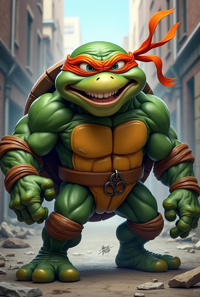 Create a caricature-style image of a ninja turtle with a human face. The turtle should have a muscular body and the typical stance of the Ninja Turtles, wearing the classic vibrant-colored mask over the eyes. However, the face should be clearly human, with exaggerated and expressive features to create a comedic effect. The facial expression can be fun and playful, with a wide smile or a funny grimace. The background can be simple, focusing on the turtle ninja figure, perhaps with some details that hint at an action scene in a sewer or city, but keeping the emphasis on the character's caricature.