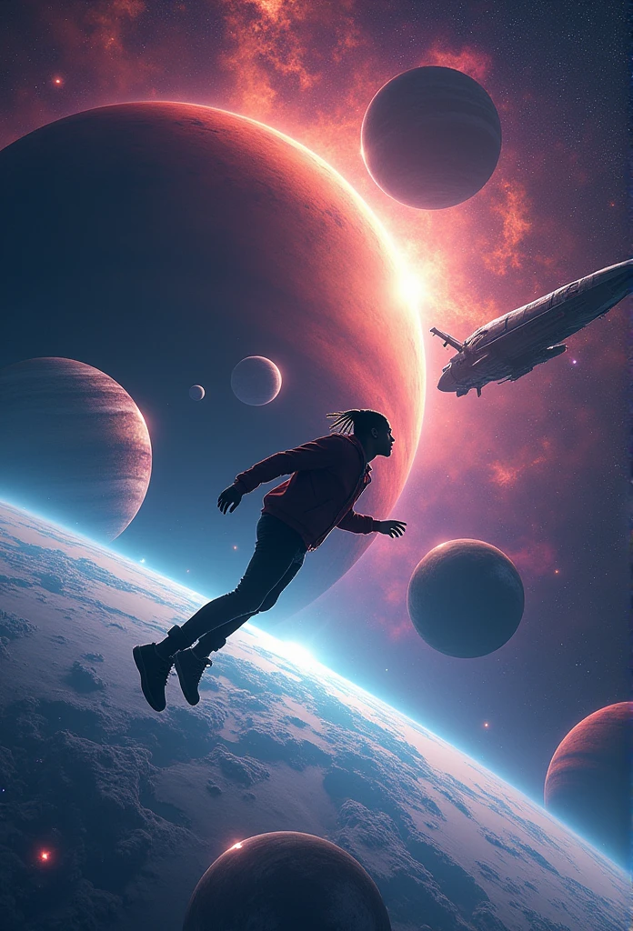 a close up of a space scene with planets and a spaceship, travis scott flying over earth, drifting in space, floating alongside the planets, floating in space, floating in outer space, outer space, space, floating on space, offcial art, in space, of space travel, outerspace, out of this world, album art