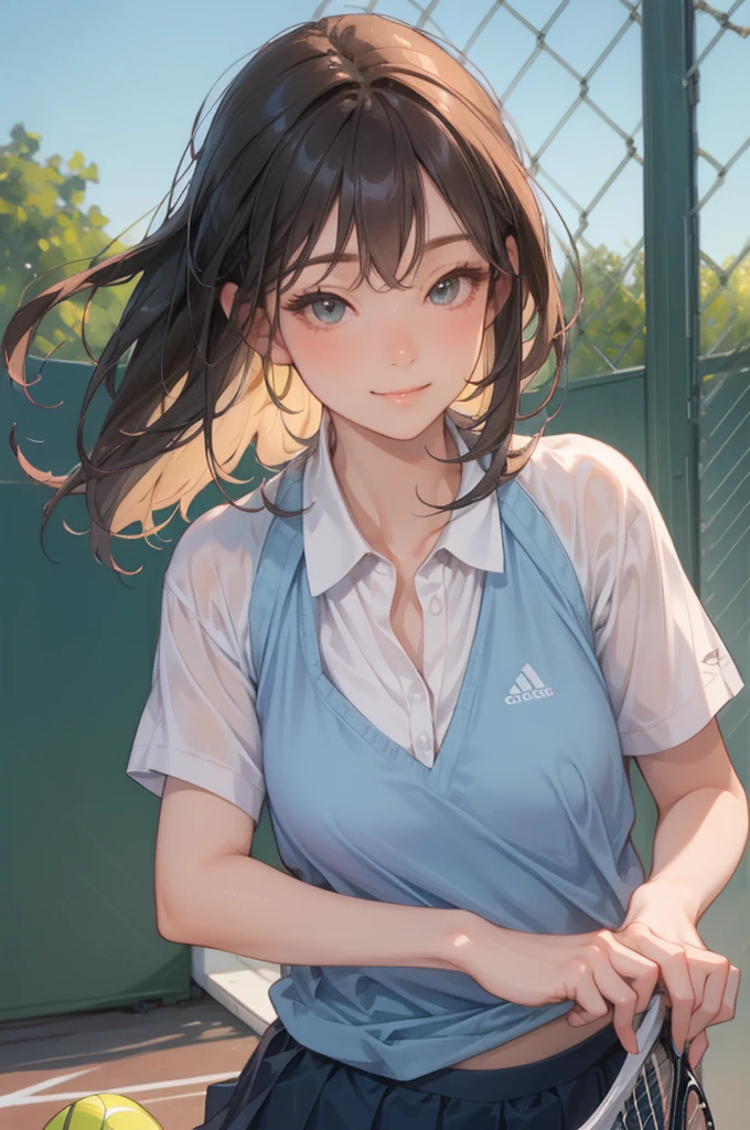 (8K, highest quality, masterpiece: 1.2), (realistic, realistic: 1.37), Super detailed, 1 girl, 20-year-old, big, beauty, cute, smile, alone, tennis wear, mini skirt, Anderscote、Tennis court, racket, tennis ball, (nose redness), (smile: 1.15), (closed your mouth), beautiful eyes, (long hair: 1.2), floating hair nova frog style, Upper body