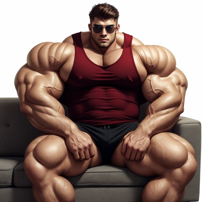 brutalmass, a very handsome young man, sunglasses, wearing a red tank top, exaggeratedly muscular, sitting on a sofa on a white background