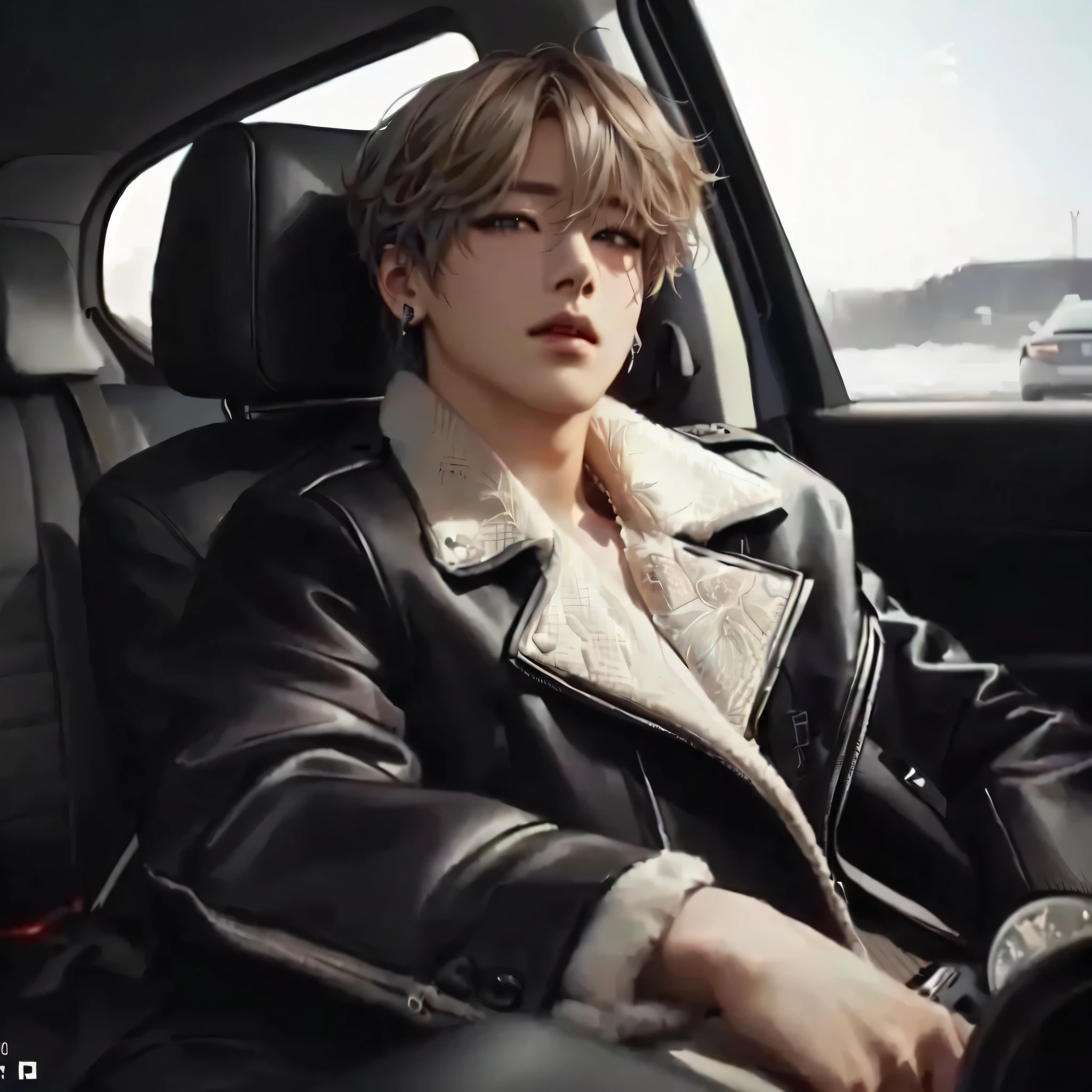 arafed image of a man sitting in a car wearing a black jacket, park jimin, jimin, by Yang J, high quality fanart, jungkook, tumblr, realistic art, cai xukun, artwork in the style of guweiz, official fanart, [ digital art ]!!, 8k!, 8k)), realism artstyle, photorealistic!!!!!!! art style