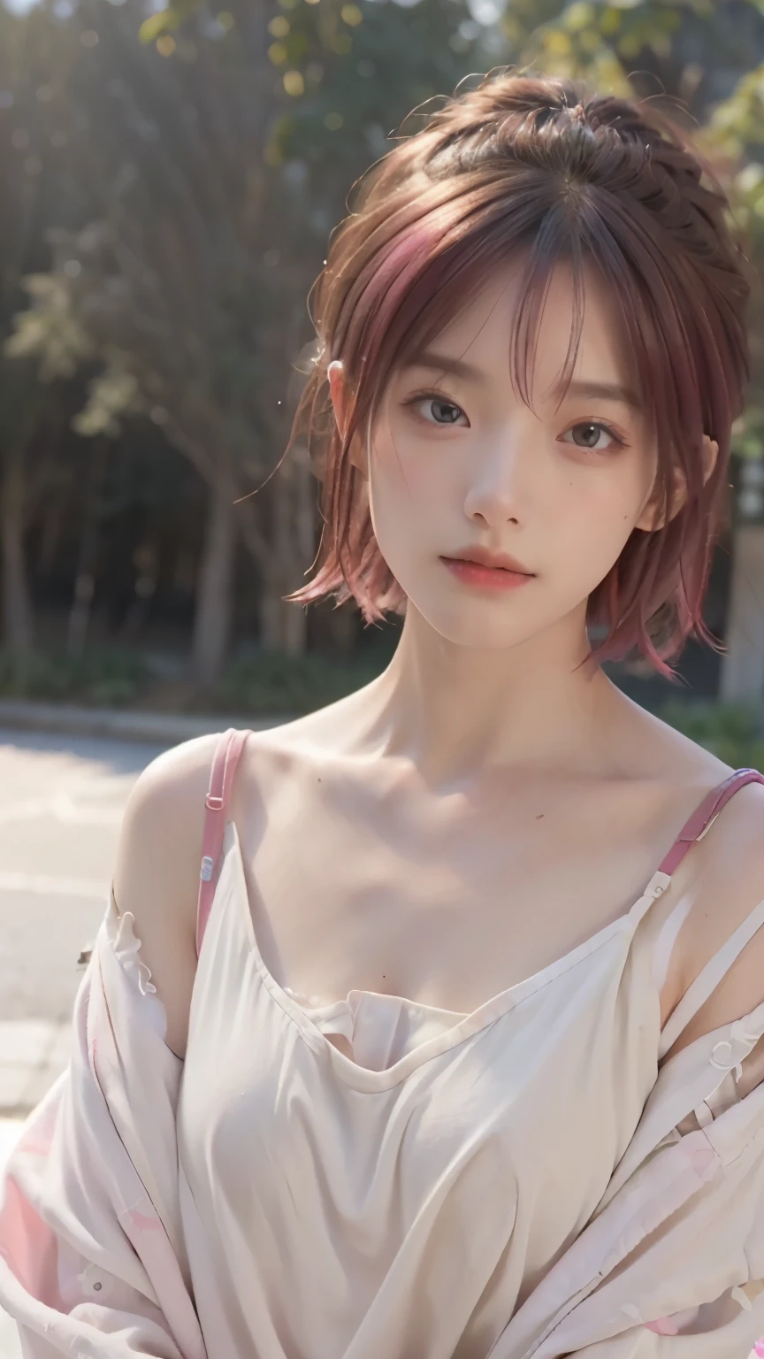 最high quality, masterpiece, 超High resolution, (Realistic:1.4), RAW Photos, 1 person,, short hair,, (masterpiece, 最high quality, high quality, High resolution, Very detailed),Pink Hair