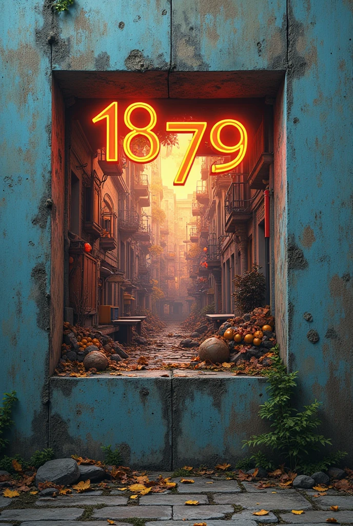 Posters stuck to abandoned outer walls, Cut out by font shape, (texts:"1879 Music school") word, Big and bold, Draw a picture inside the cut out part, BREAK Art that inspires creators to create images, Aesthetic world unfolding behind the character, Add texts to the bottom of the screen, (texts:"Breaking the walls of creativity!")