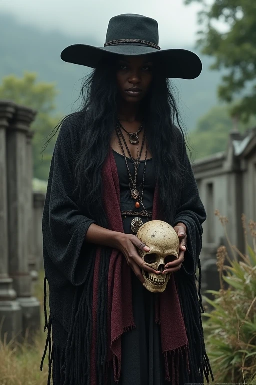 Pombagira Maria rag of souls, works in the cemetery. Wear a round black hat, boho style that covers the eyes, wear black and dark red rags, long, disheveled black hair, lowered/clutching a skull in her hand