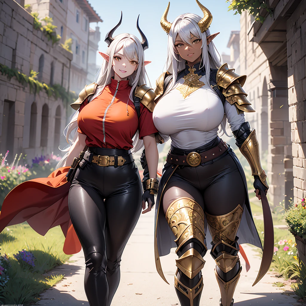 ((best quality)), (detailed), 1 women dark knight armor, 8k_wallpaper, extremely detailed eyes, (large masterpiece digital art), (intricate details:1.3 ), (ultra-detailed:1.3), (sharp focus:1.3), (natural lighting:1.05), (vivid colors:1.3), (best quality:1.4), expressive eyes, full body, detailed face, beautiful face, perfect face, ((hair sandy white curls)), ((gold horns)), (gold eyes), {{dark skin}}, ({dark skinned female}), big breasts, huge chest, mid-range pelvis and big ass, cruel predatory and cold-blooded arrogant look and smile, an open red coat with rolled up sleeves, an open coat with rolled up sleeves, steel heavy knight armor, a wide orange belt lowered lower with large gold yarn, leather pants with steel thigh guards, leather gloves, steel gold bracers and shoulder pads, dark silver chain mail oversleeves, a medieval marching backpack made of animal skins and fur, walking along the path against the backdrop of the elven ruins of the city and colorful blooming flowers,