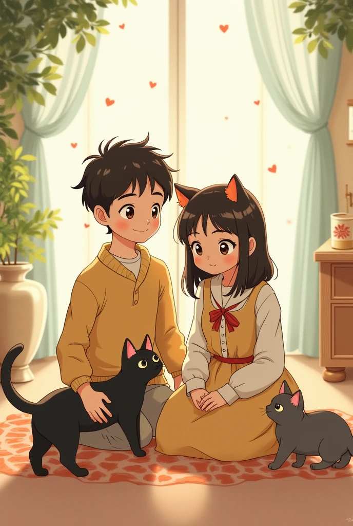 Generates an image of a couple in studio ghibli style and two cats