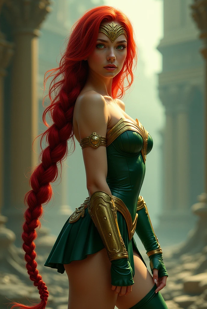 Beautiful woman with red hair pulled back in a braid three feet long, green eyes, Wonder Woman costume in green, green knee-high boots, Atlas gauntlet, Diadema Wonder Woman on her forehead