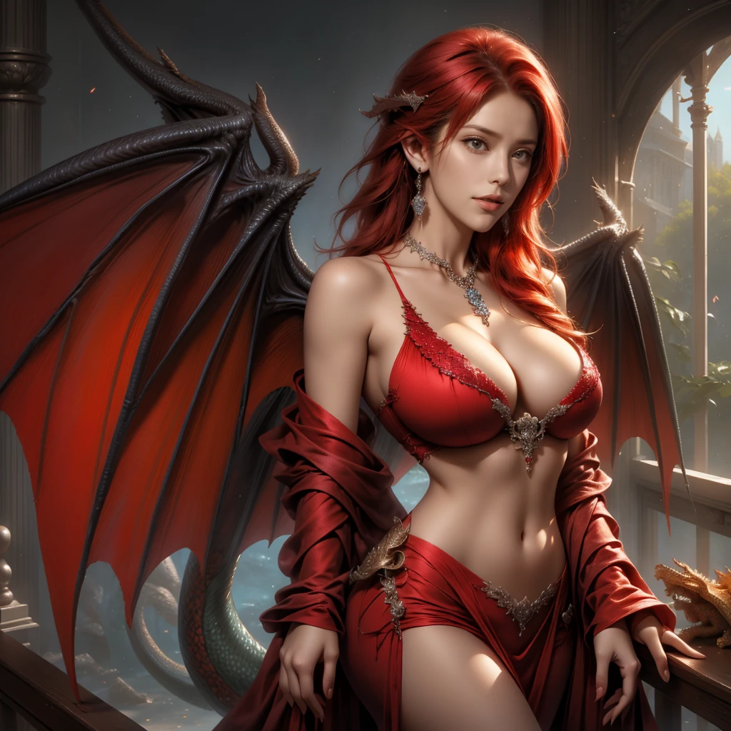 Beautiful sexy fresh nervous, high, delgado, Fit woman, intricate and very detailed, big breasts, firm and heavy, deep neckline, Red hair, body chain, diamond jewelry, bright, bright, Oh!, round cousin , sexy , Amazing , whole body, dragon girl, (((dragon wings)))