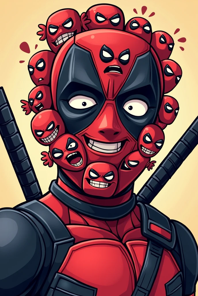 Create a cartoon image of Deadpool with the most faces
