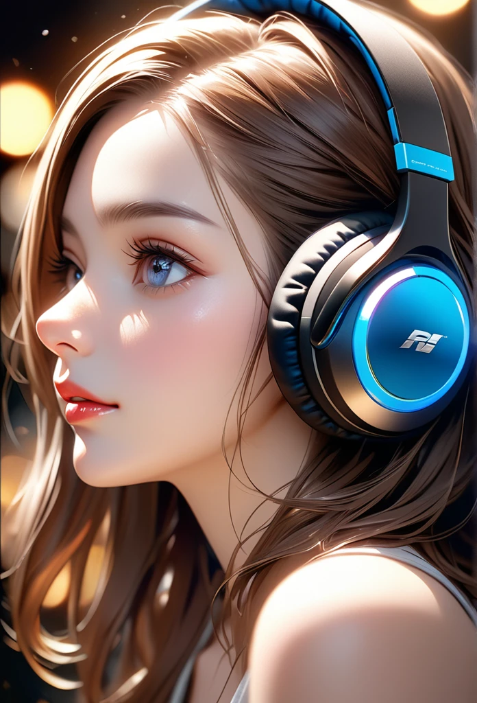 a highly realistic solo portrait, detailed face with beautiful eyes, nose, and lips, medium length brown hair, jewelry such as earrings, headphones, blurred background, medium shot, illustration style, (best quality,8k,masterpiece:1.2),ultra-detailed,(realistic,photorealistic,photo-realistic:1.37),HDR,UHD,studio lighting,ultra-fine painting,sharp focus,physically-based rendering,extreme detail description,professional,vivid colors,bokeh