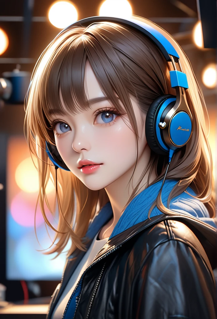 a highly realistic solo portrait, detailed face with beautiful eyes, nose, and lips, medium length brown hair, jewelry such as earrings, headphones, blurred background, medium shot, illustration style, (best quality,8k,masterpiece:1.2),ultra-detailed,(realistic,photorealistic,photo-realistic:1.37),HDR,UHD,studio lighting,ultra-fine painting,sharp focus,physically-based rendering,extreme detail description,professional,vivid colors,bokeh