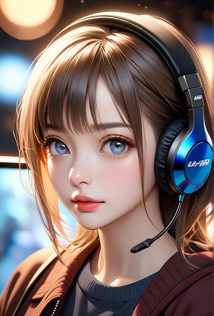 a highly realistic solo portrait, detailed face with beautiful eyes, nose, and lips, medium length brown hair, jewelry such as earrings, headphones, blurred background, medium shot, illustration style, (best quality,8k,masterpiece:1.2),ultra-detailed,(realistic,photorealistic,photo-realistic:1.37),HDR,UHD,studio lighting,ultra-fine painting,sharp focus,physically-based rendering,extreme detail description,professional,vivid colors,bokeh