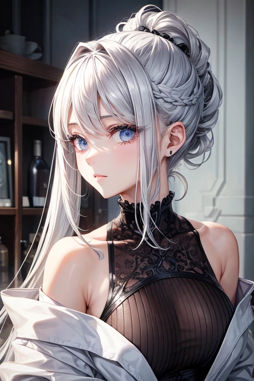 woman、Hairstyle with all hair swept back、Odd Eye、Silver hair back、male、Her hair is shoulder-length、Odd Eye、male&#39;Left eye is red、male right eye blue、Increase the wide angle、Clear Eyes、male、White and gold magic costume.(Swimwear)、