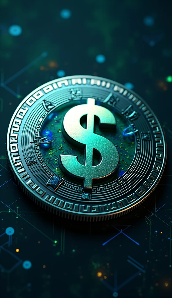 Design a 3D stylized SOLMON coin, featuring a sleek, futuristic look. The coin should be circular with a metallic finish, combining shades of blue, green, and silver to reflect the Solana theme. In the center, prominently display the symbol '$MON' in bold, glowing typography, with a subtle gradient effect that adds depth and luminosity. The coin’s edges should have intricate digital patterns, representing blockchain technology, and the surface should include slight engravings or embossed details that give it a sophisticated, high-value appearance. The background can feature a cosmic or digital grid, enhancing the futuristic and innovative vibe of the coin.