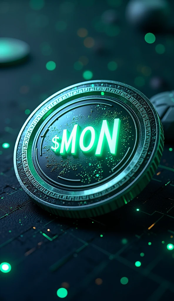 Design a 3D stylized SOLMON coin, featuring a sleek, futuristic look. The coin should be circular with a metallic finish, combining shades of blue, green, and silver to reflect the Solana theme. In the center, prominently display the symbol '$MON' in bold, glowing typography, with a subtle gradient effect that adds depth and luminosity. The coin’s edges should have intricate digital patterns, representing blockchain technology, and the surface should include slight engravings or embossed details that give it a sophisticated, high-value appearance. The background can feature a cosmic or digital grid, enhancing the futuristic and innovative vibe of the coin.