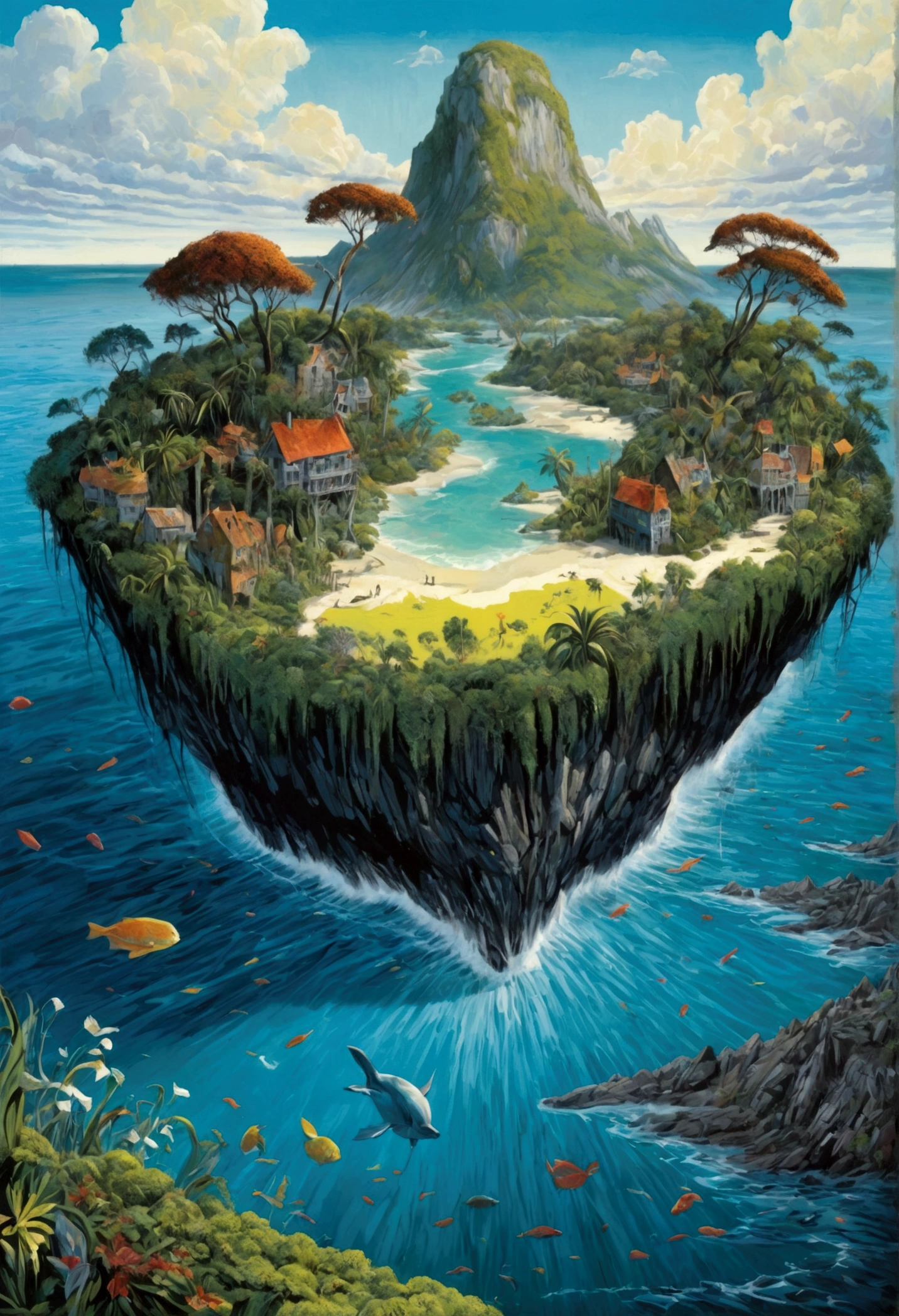 a mysterious island, illustration by justin gaffrey, no humans, movie still, (best quality, masterpiece), extremely beautiful, perfect composition, complex details, very detailed, vivid colors