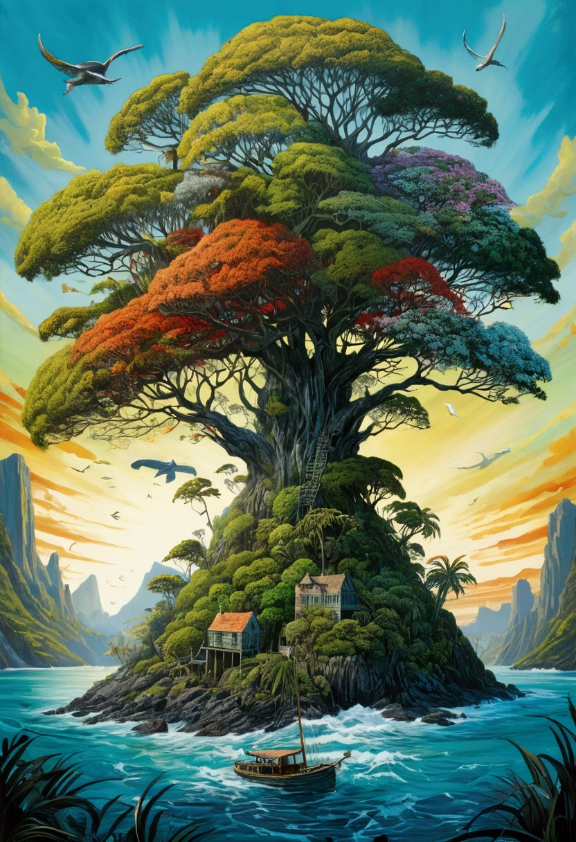 a mysterious island, illustration by justin gaffrey, no humans, movie still, (best quality, masterpiece), extremely beautiful, perfect composition, complex details, very detailed, vivid colors