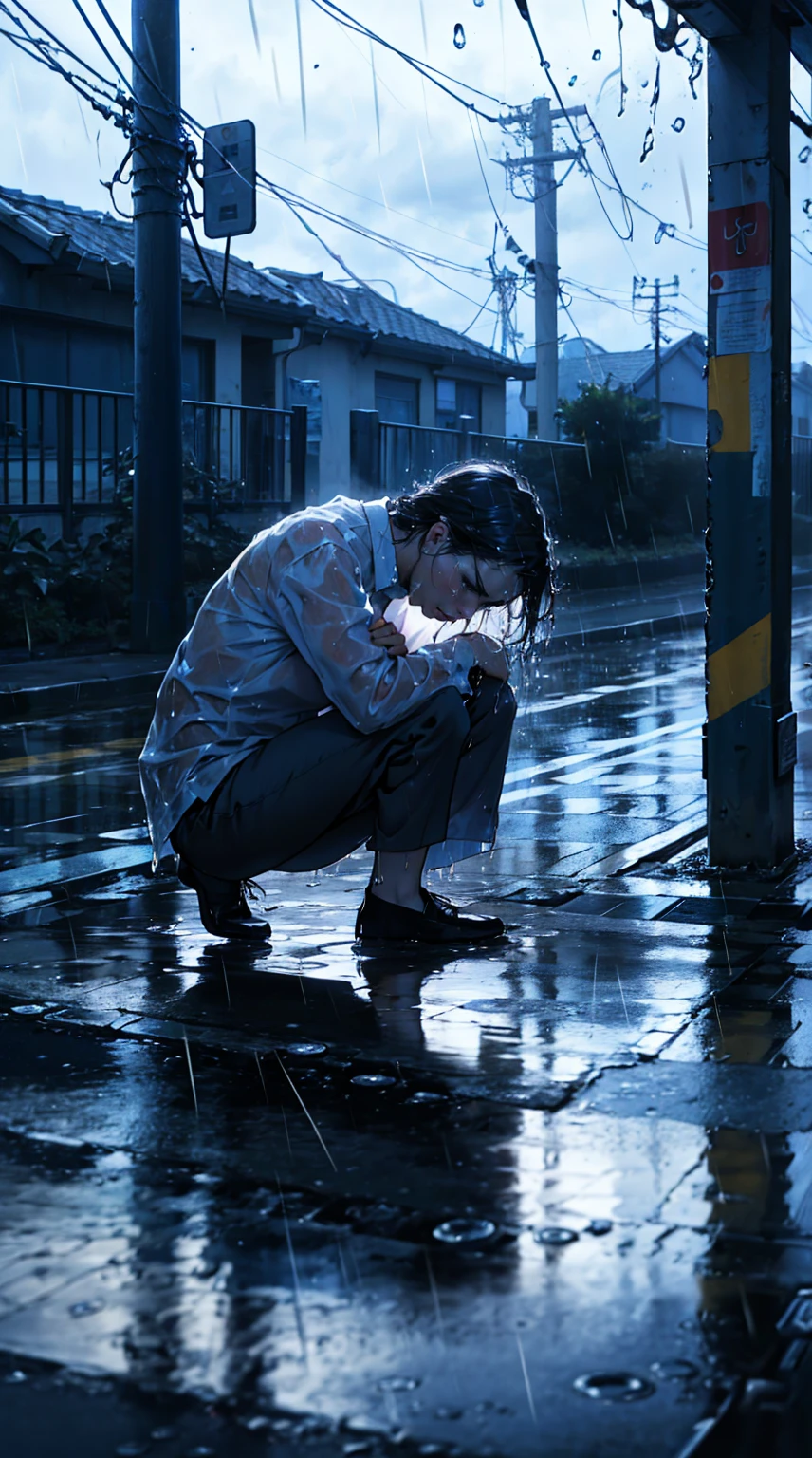 ( best quality,4k,8k,highres,masterpiece:1.2),ultra-detailed,(realistic,photorealistic,photo-realistic:1.37),rainy scene,stressed,outdoor,gloomy atmosphere,realistic droplets on the face,drenched clothes,dark colors,despair,desolation,loneliness,lost in thoughts,emotional,wet street,running mascara on his face,tears streaming down his cheeks,water dripping from his hair,hunched shoulders,visible sadness,pouring rain,thunderstorm,tempestuous weather,misery,deep sorrow,heartache,negative emotions,despairing expression,cold and wet,paleness,heavy rain falling,wet pavement,teardrops falling rapidly,solitude,devastation.
