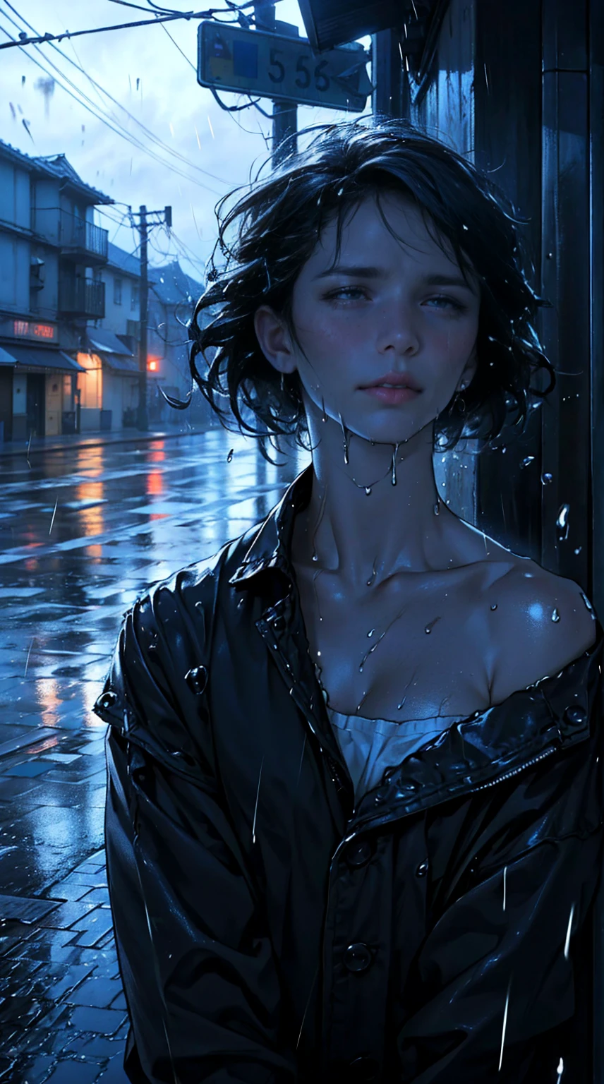 ( best quality,4k,8k,highres,masterpiece:1.2),ultra-detailed,(realistic,photorealistic,photo-realistic:1.37),rainy scene,stressed,outdoor,gloomy atmosphere,realistic droplets on the face,drenched clothes,dark colors,despair,desolation,loneliness,lost in thoughts,emotional,wet street,running mascara on his face,tears streaming down his cheeks,water dripping from his hair,hunched shoulders,visible sadness,pouring rain,thunderstorm,tempestuous weather,misery,deep sorrow,heartache,negative emotions,despairing expression,cold and wet,paleness,heavy rain falling,wet pavement,teardrops falling rapidly,solitude,devastation.
