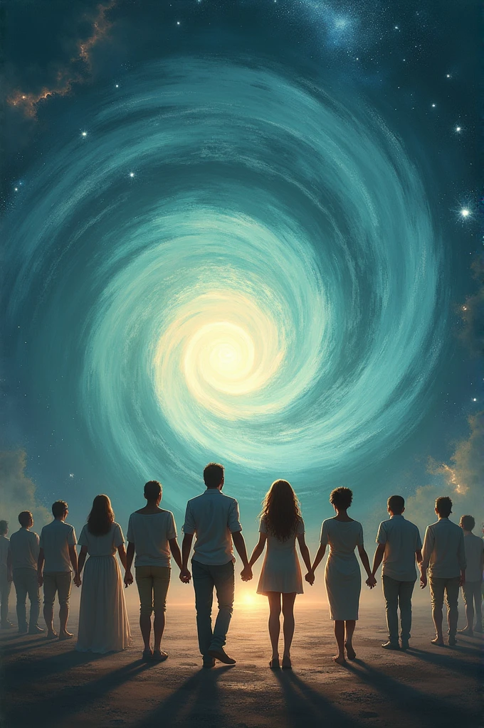 I want an image of a vortex and in front of it add people of various ethnicities holding hands..