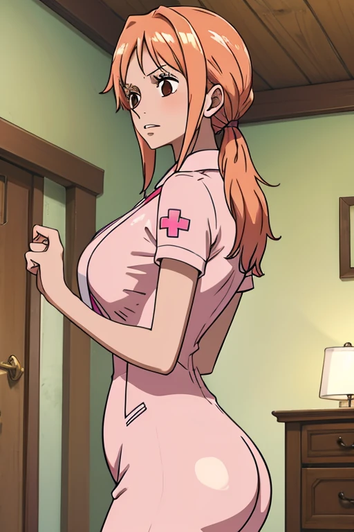 Big chest, chest, whole body,Thighs,A slight blush,A slight blush, valley,Big chest, nurse,masterpiece, Highest quality, Attention to detail, Very detailed,Marshmallow-like chest,Pinkish white skin,Chewy skin,Pink Lips,Very detailedなCGイラスト,Tie your hair,ass pov, lure,Charm,Scrounge