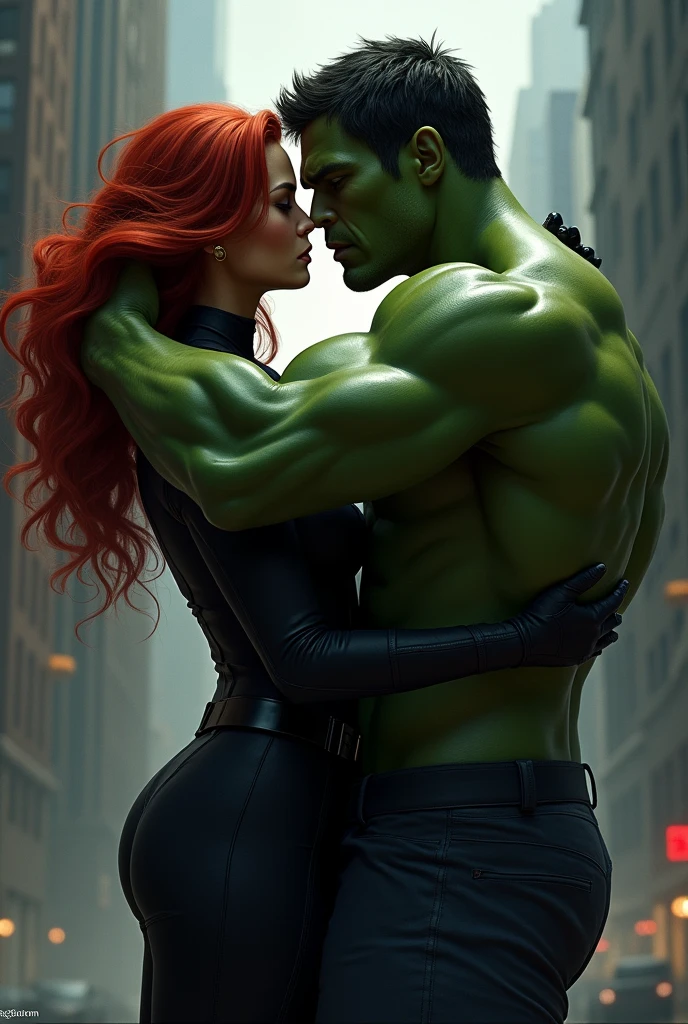 Generate a Black Widow and Hulk kissing 