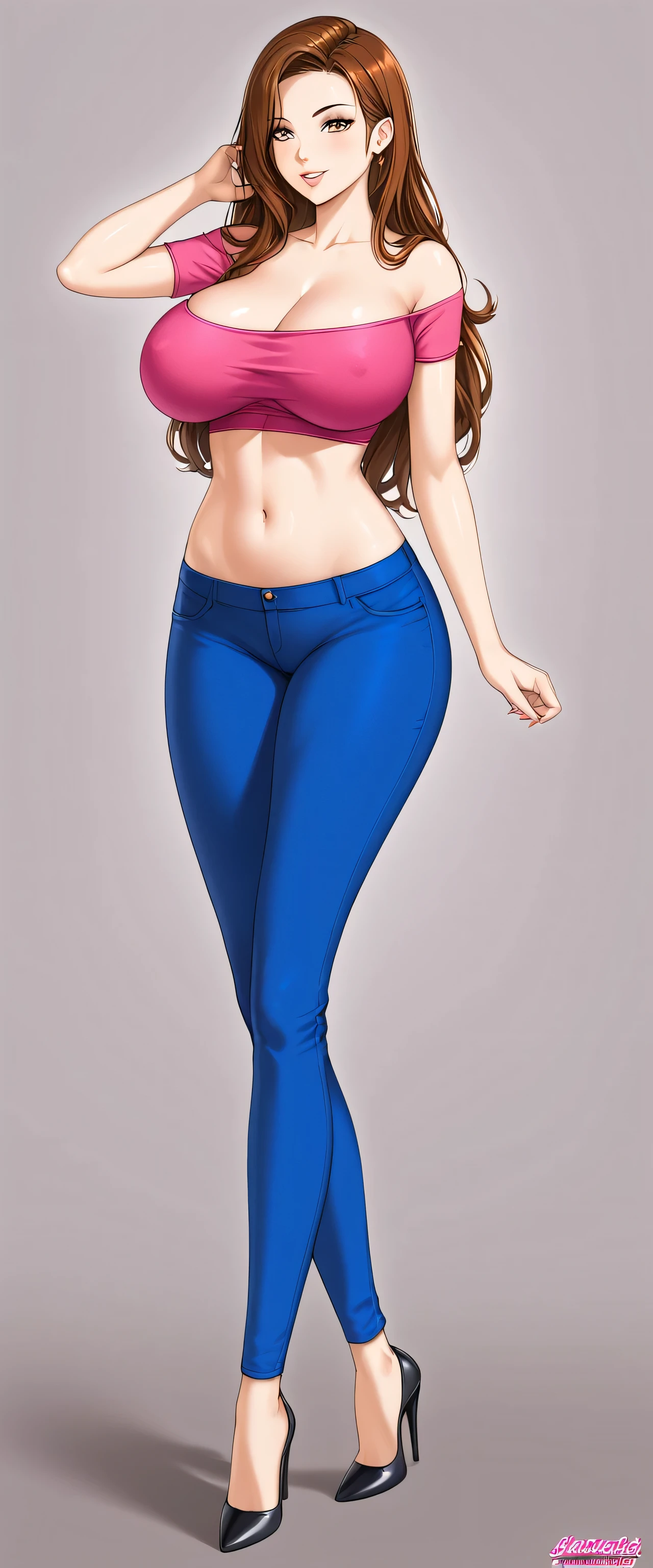 A sexy beautiful beauty girl with big breasts, long brown hair, her brown eyes are wearing a dark pink top, showing her belly button, and a long blue pants with black heels.