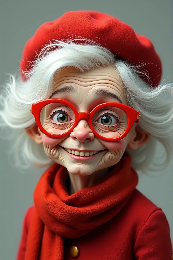 Woman, old woman with white hair, 小柄, with a smile on the corner, with slightly yellow teeth, wearing red glasses, wearing a red cap, Written: the giant needs to wake up.