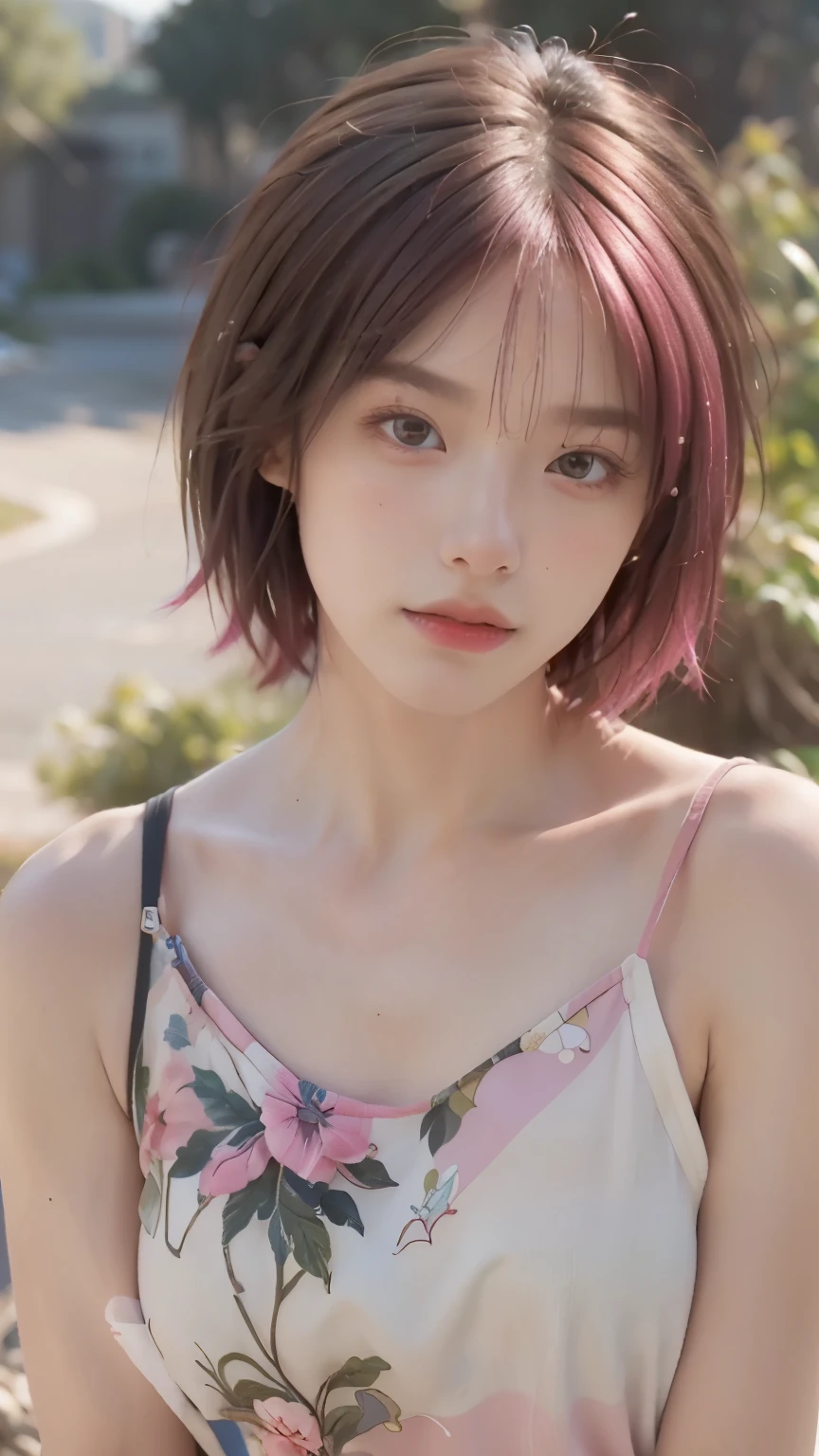 最high quality, masterpiece, 超High resolution, (Realistic:1.4), RAW Photos, 1 person,, short hair,, (masterpiece, 最high quality, high quality, High resolution, Very detailed),Pink Hair