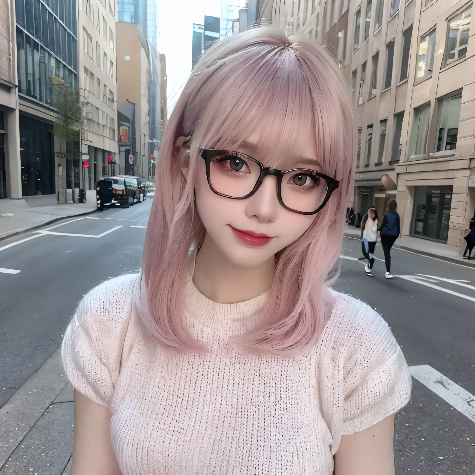highest quality, shape, Very detailed, finely, High resolution, 8k wallpaper,, Finely beautiful eyes, Wearing a pale pink knit,Medium Hair,Natural color lip, smile、cute、bionde、The background is the city、Upper Body、Long legs、Wearing glasses、22 years old、Street Snap、summer、cool、Knitwear with short sleeves、Pink gradient hair color