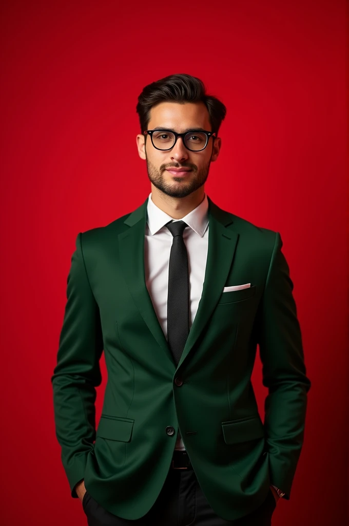 26 years old handsome man  wearing blazer suits green and black colour and tye and business man and glasses posing for likeedin red light in background