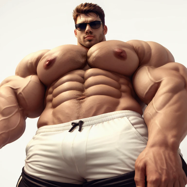 brutalmass, upshot pecs, a very handsome young man, sunglasses, shirtless, black shorts, exaggeratedly muscular, on a white background