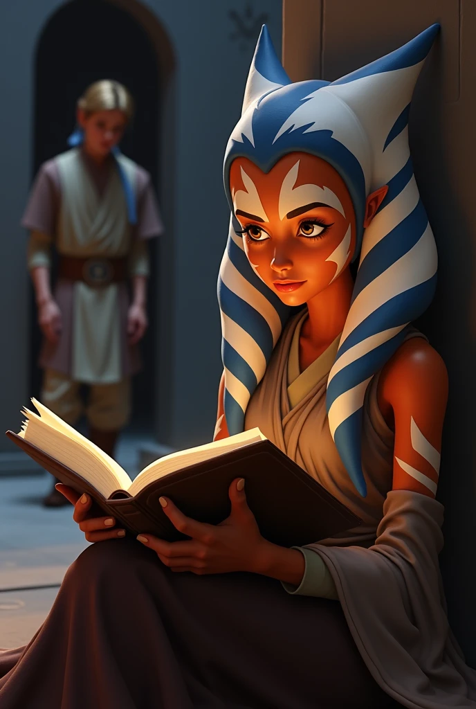Ahsoka Tano from Star Wars reading a book, animated but not too animated., like in Star Wars: The Clone Wars, from the profile and illuminated, Anakin leaning against the wall listening
  
