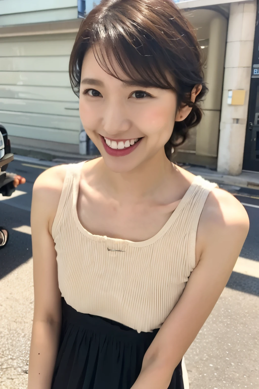 Beautiful 30 year old woman、Brown Hair、With bangs、Smiling with teeth showing、Beautiful breasts、Slim body、White tank top、Black ruffled tanding on a street corner