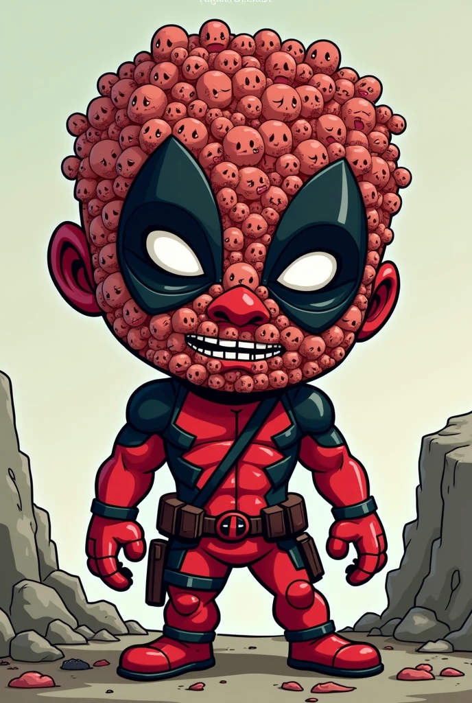 Create a cartoon image of Deadpool with the most faces , Take those faces off his face.