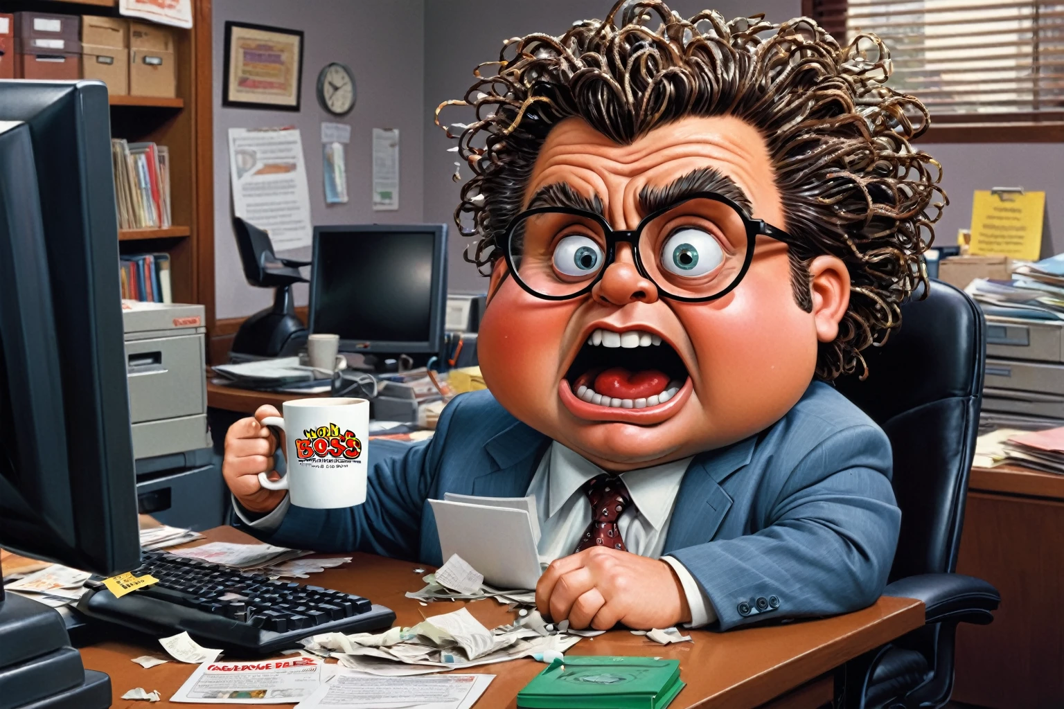 An illustration of a Garbage Pail Kids trading card featuring a quirky, exaggerated depiction of a male computer guy in an office setting, inspired by the 2005 series The Office. The character resembles a comically exaggerated version of one of the show's employees, with an over-the-top, messy appearance. He sits at a cluttered desk overflowing with tangled cables, outdated computer monitors, and coffee-stained paperwork. In one hand, he holds a white coffee mug that prominently reads 'World's Best Boss,' a nod to the iconic mug from the show. On the desk, there's a cluttered ashtray overflowing with cigarette butts, adding to the chaotic scene. His expression is a mix of frustration and mania, with exaggerated features like large, tired eyes and a wild hairstyle. The office background includes humorous details reminiscent of The Office, such as a stapler in Jello, sticky notes, and a chaotic stack of keyboards. The illustration is vibrant and exaggerated, capturing the iconic, slightly gross-out humor typical of Garbage Pail Kids while nodding to the setting and humor of The Office