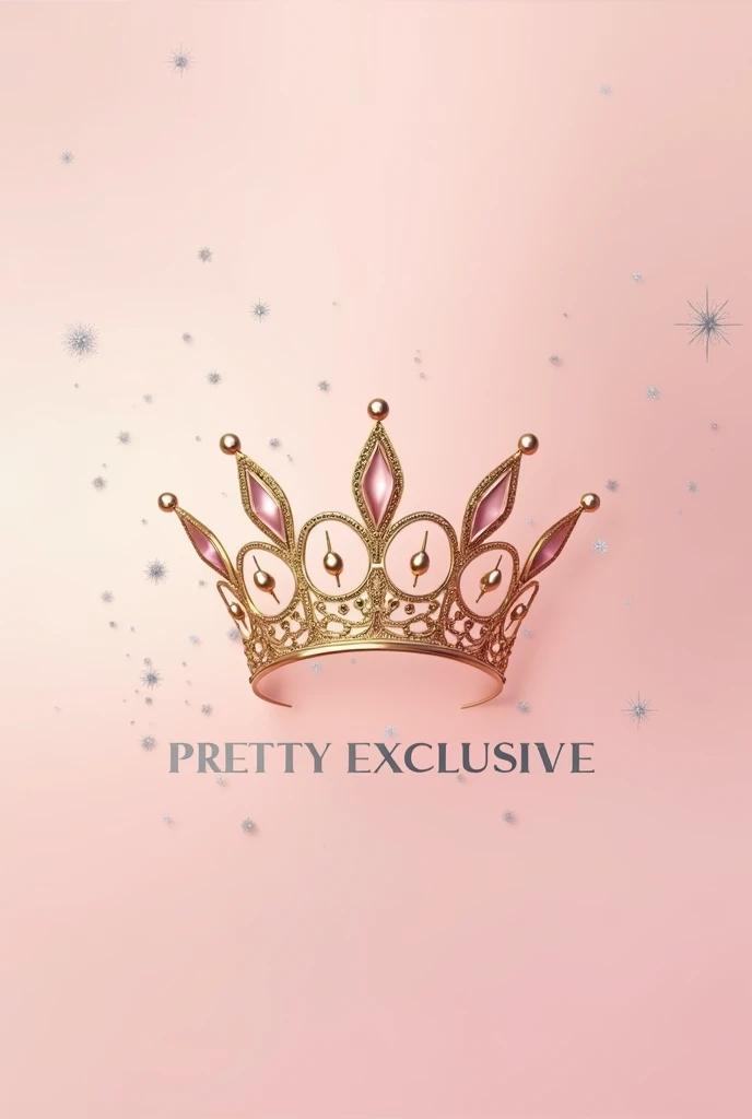 Create a logo with a pink background with textures and a golden tiara that is not too big with silver sparkles in the background. The name should be "prettyy exclusive" with thinner, silver letters in all caps. 