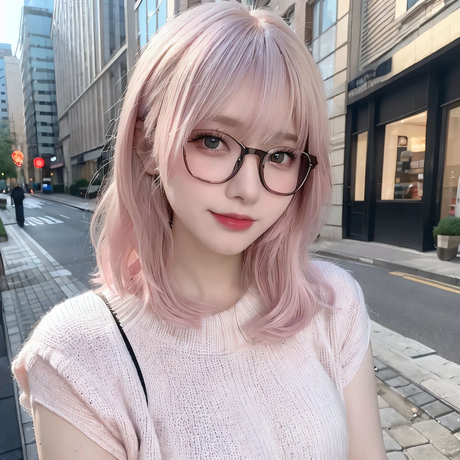 highest quality, shape, Very detailed, finely, High resolution, 8k wallpaper,, Finely beautiful eyes, Wearing a pale pink knit,Medium Hair,Natural color lip, smile、cute、bionde、The background is the city、Upper Body、Long legs、Wearing glasses、22 years old、Street Snap、summer、cool、Knitwear with short sleeves、Pink gradient hair color