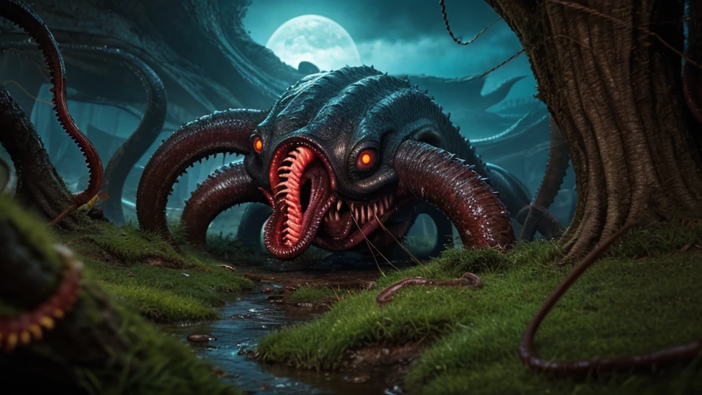 Eldritch horror landscape with writhing flesh, all seeing eyes, toothy maws, lashing tentacles