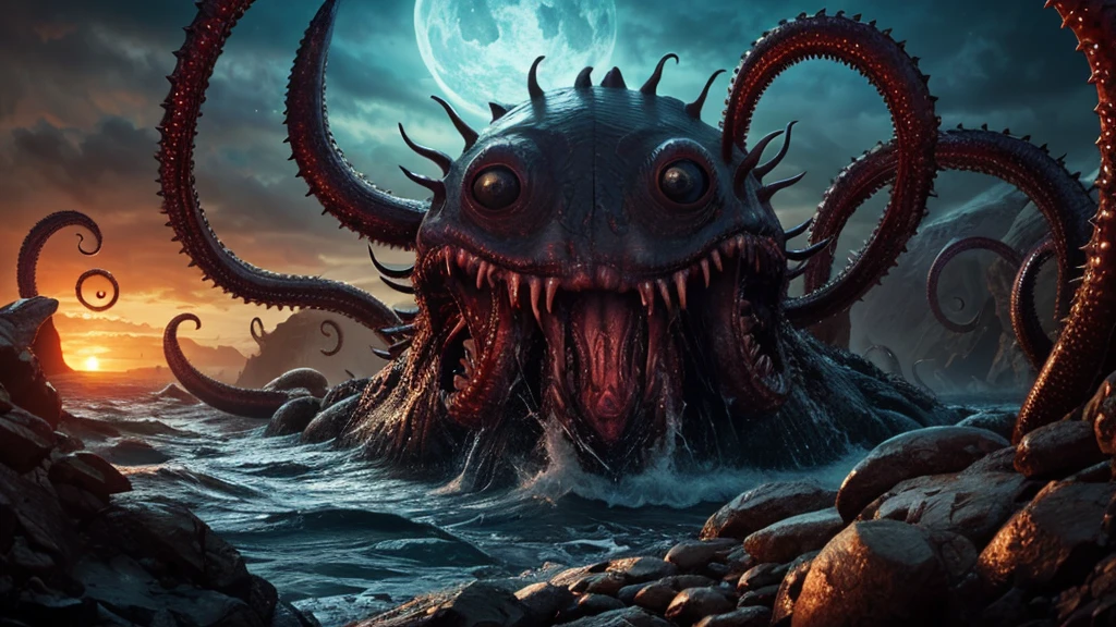 Eldritch horror landscape with writhing flesh, all seeing eyes, toothy maws, lashing tentacles
