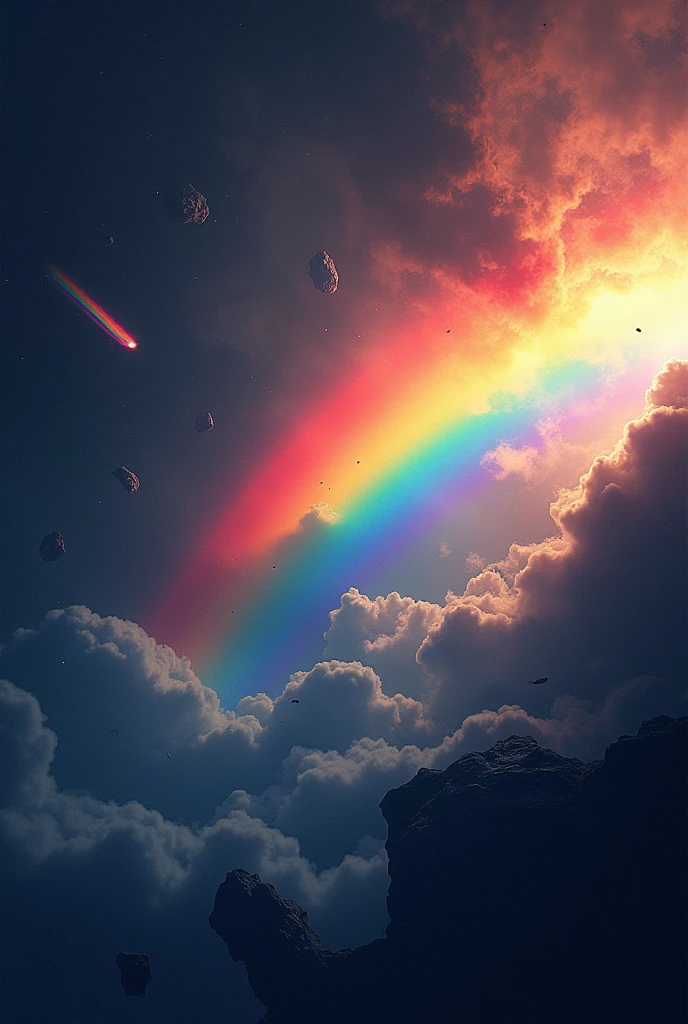 Create an image of a happy rainbow that is in the middle of dark, ominous space with dangerous asteroids and comets representing the problems of life.